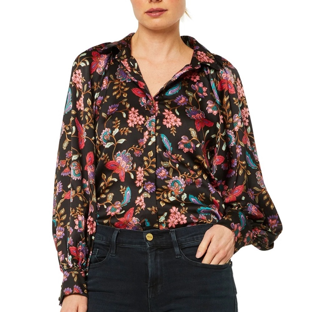 Misa Los Angeles Black Satin Floral Button-Up Blouse
